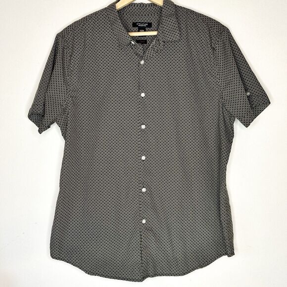 Structure Slim Button Up Shirt Men's Large Short Sleeve Black & Gray geometric - Picture 1 of 5